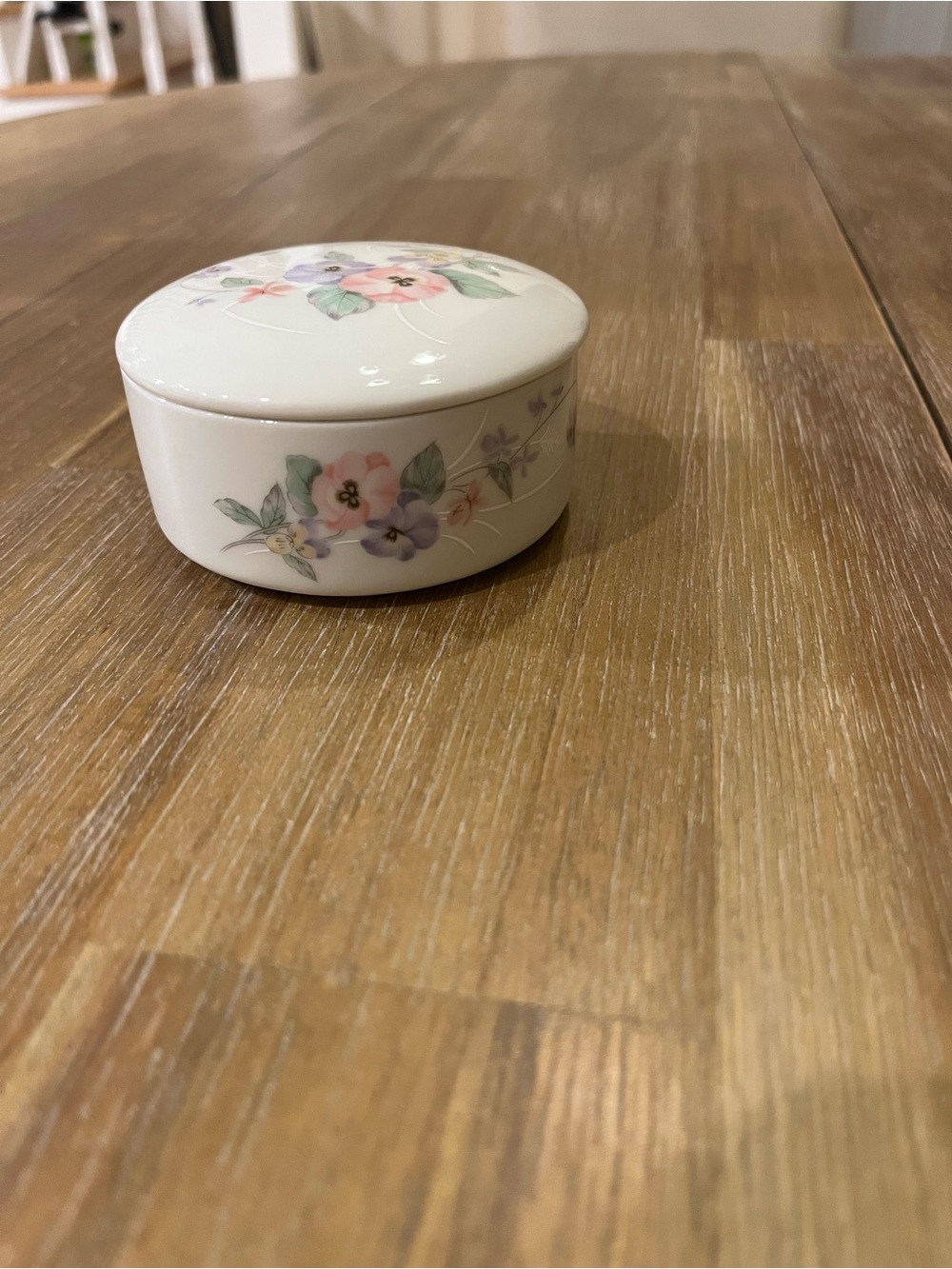 Vintage Russ Porcelain Floral Trinket Box - White with Pink & Purple Flowers